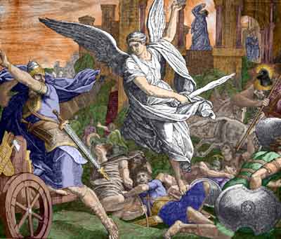 Destruction of Sennacherib's Assyrian army; the angel of the LORD went out, 
            and killed in the camp of the Assyrians one hundred and eighty-five thousand